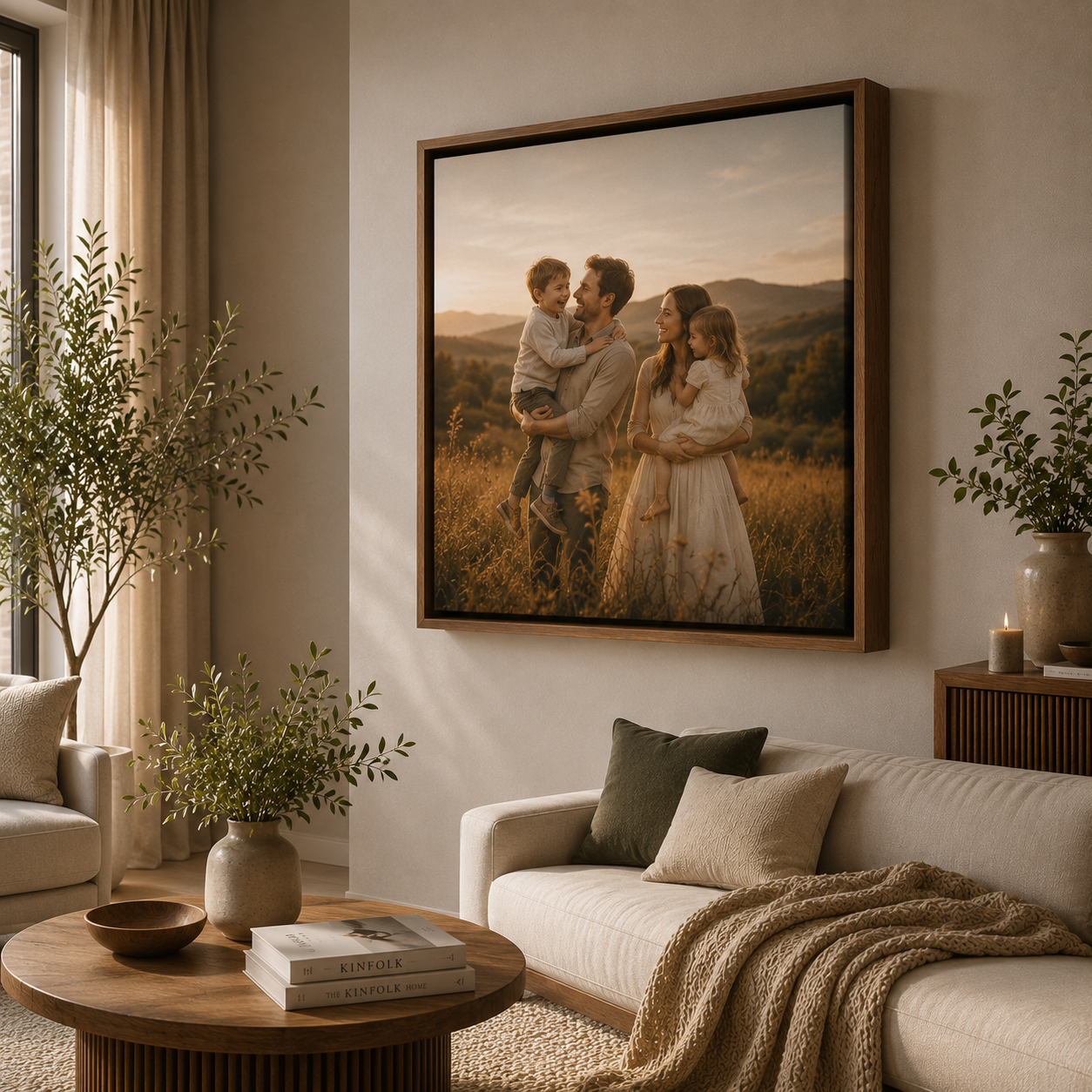 A family portrait canvas displayed inside a wooden floating box frame