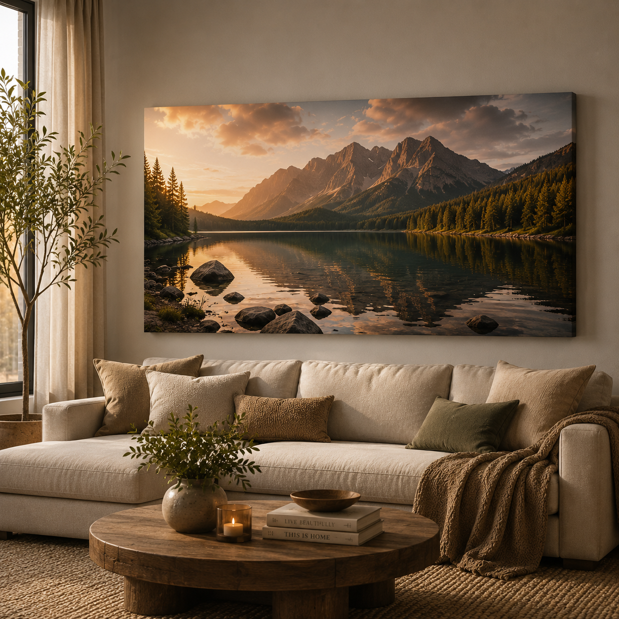 A panoramic mountain landscape photograph printed on canvas above a sofa