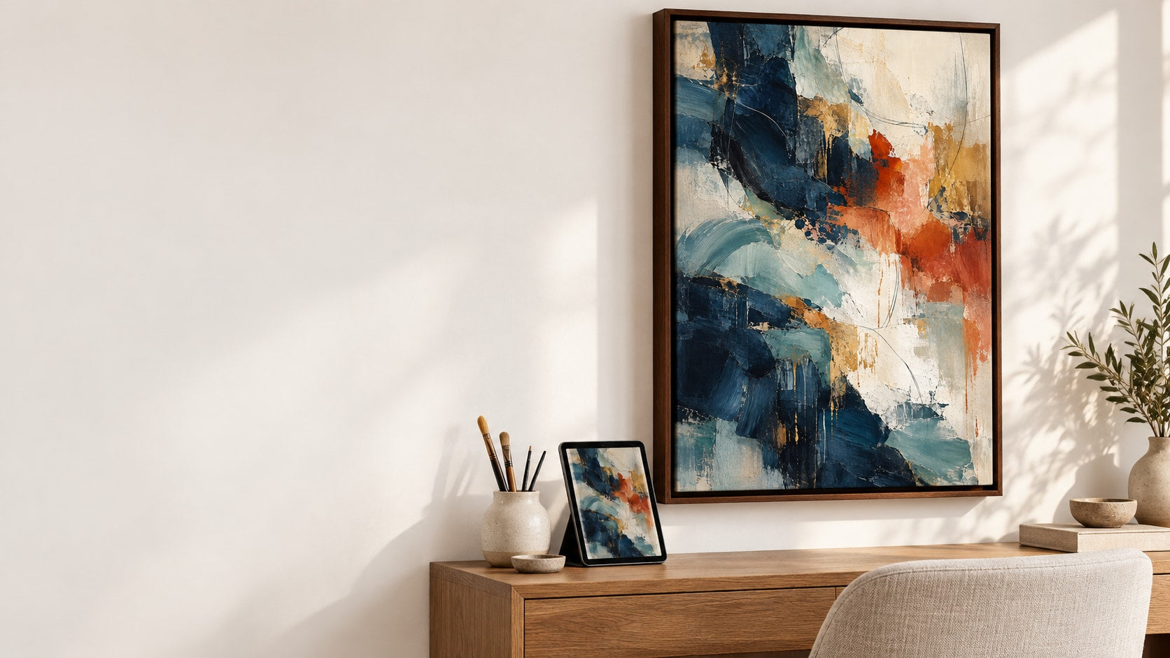 An original indigo and coral abstract design shown on a tablet and as a large canvas in a brown floating frame.