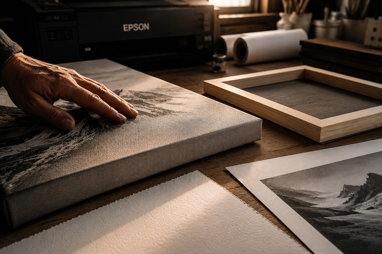 A finished photo canvas being inspected by hand in the YI2C workshop