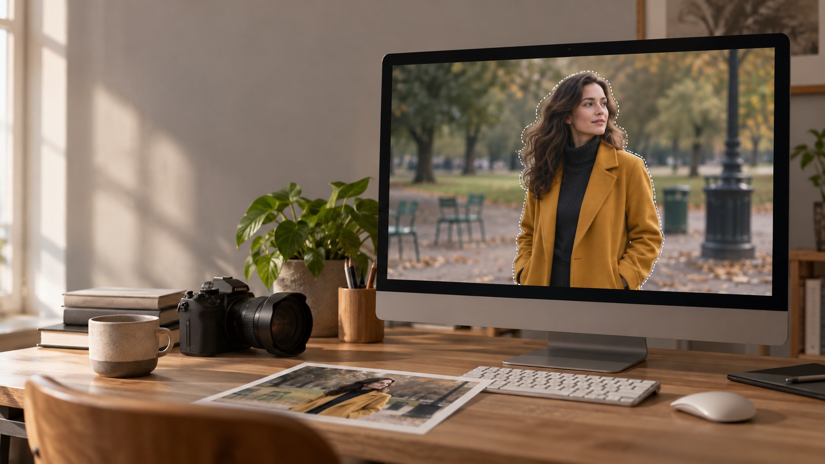 A portrait-editing workspace with a subtle selection outline around a person against a busy background.