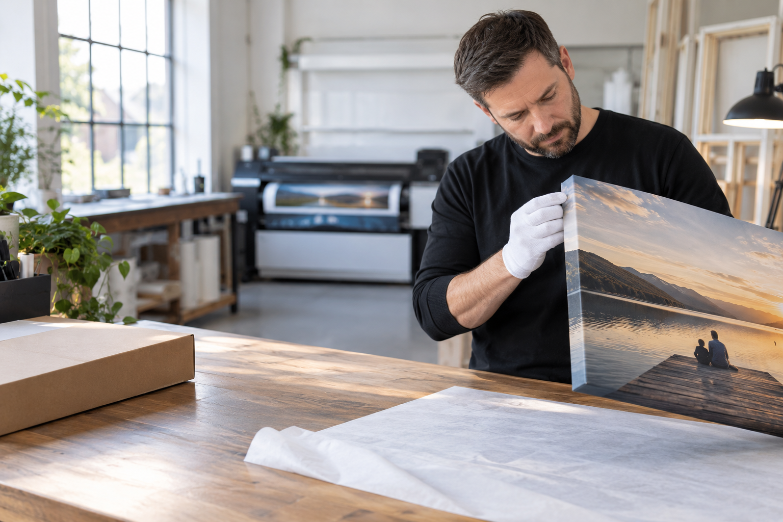 YI2C print technician inspecting the wrapped corner of a finished canvas print