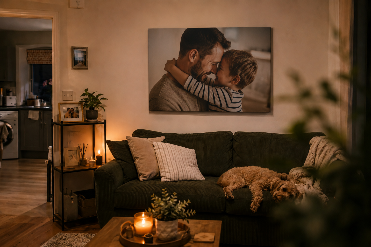 Family photograph of a father and son displayed as a canvas above a sofa
