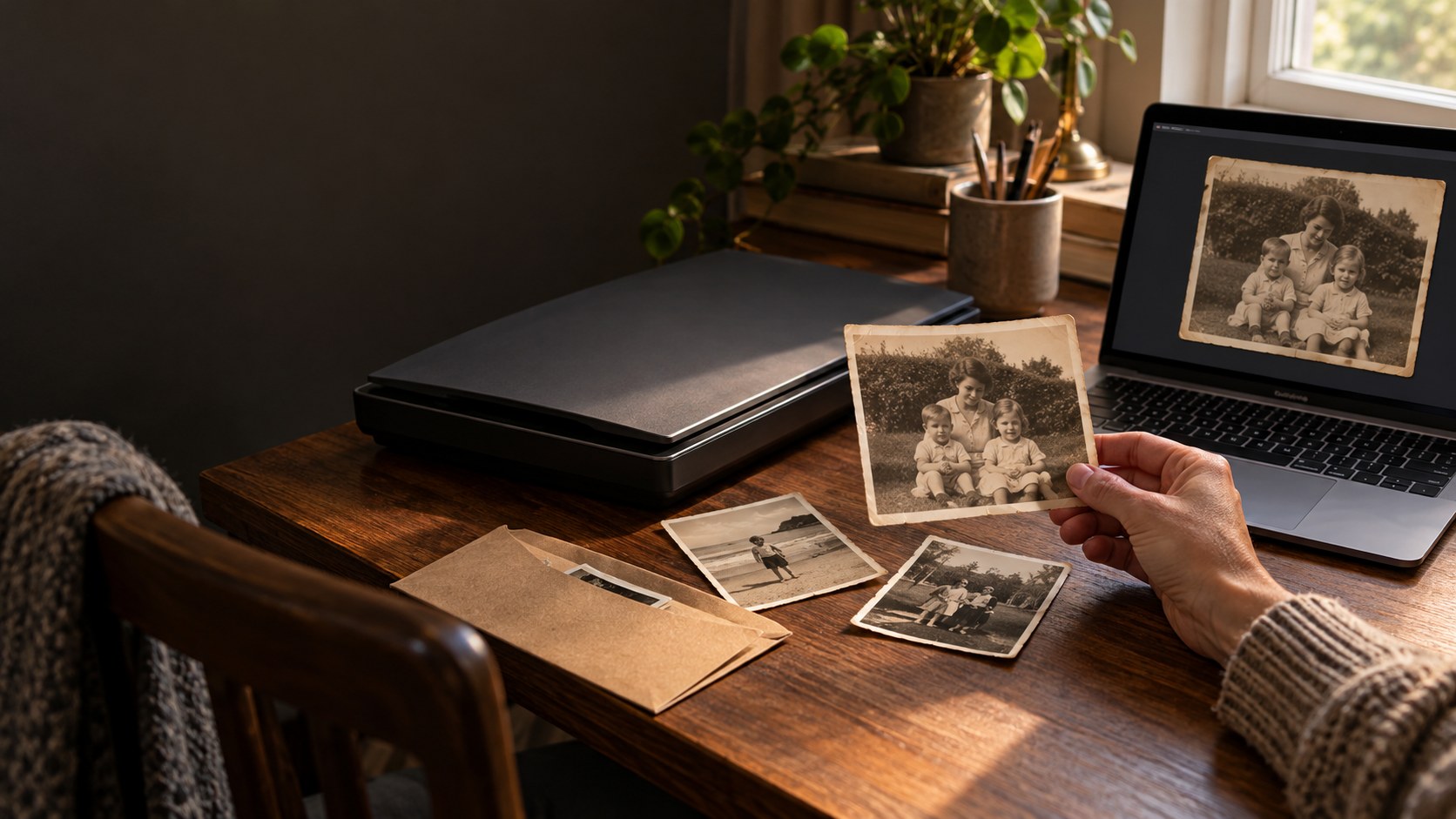 A flatbed scanner beside vintage family photographs and a laptop showing a sepia scan.