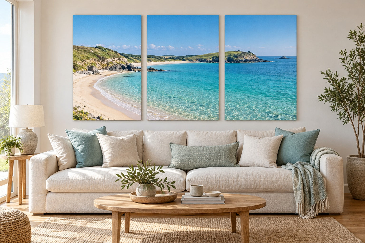 One coastal photograph split across three portrait canvases above an ivory sofa in a bright living room.