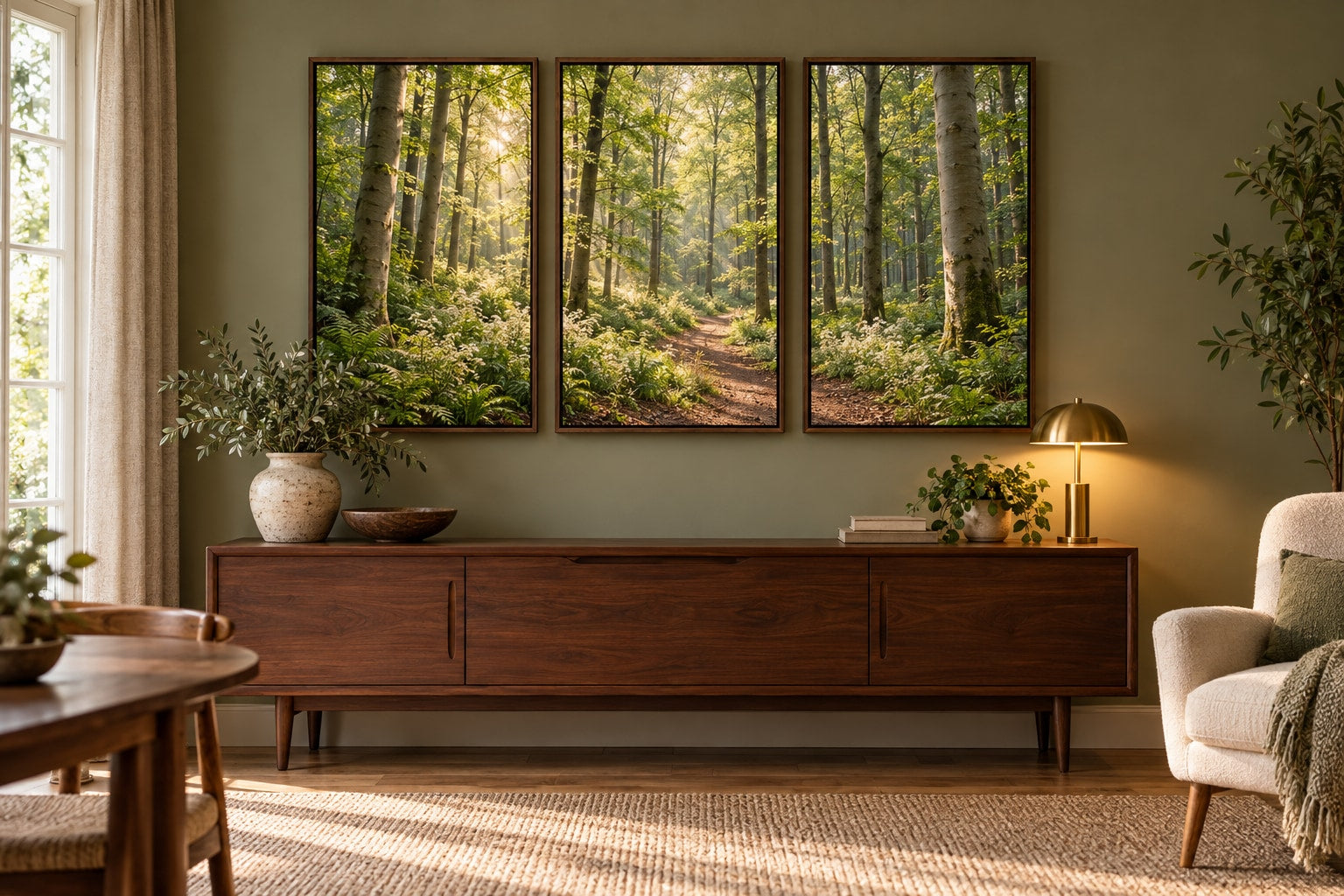 A continuous sunlit woodland scene across three canvases, each in a warm brown floating box frame, above a dark wood sideboard.
