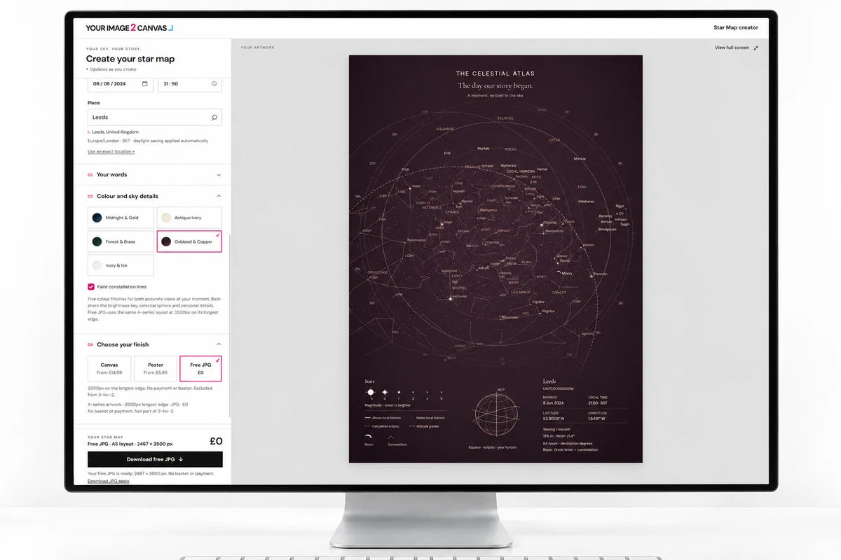 Desktop monitor displaying the Star Map creator with plum-coloured Atlas artwork and personalisation controls.