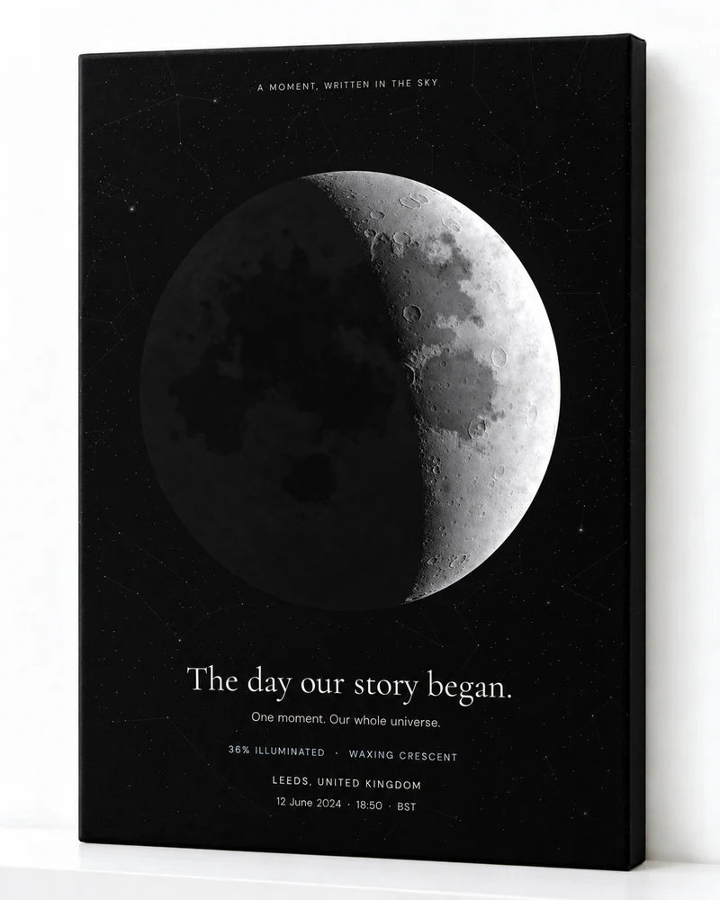 The Moon That Night shown as a slim wrapped canvas against a bright white wall
