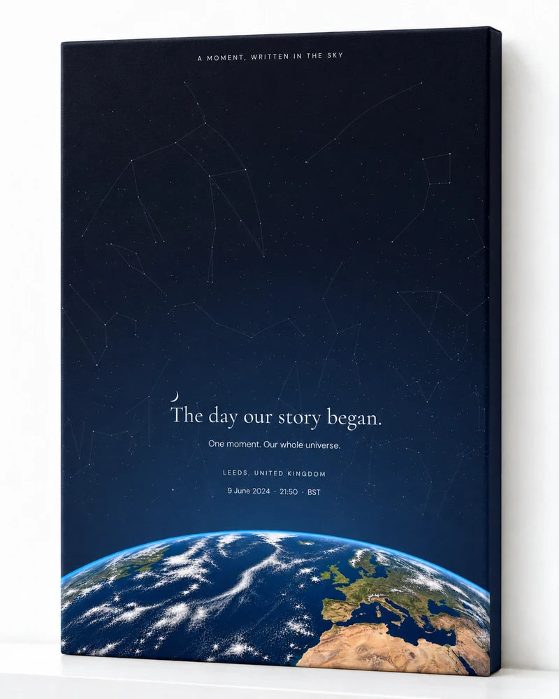 The World Beneath the Stars shown as a slim wrapped canvas against a bright white wall