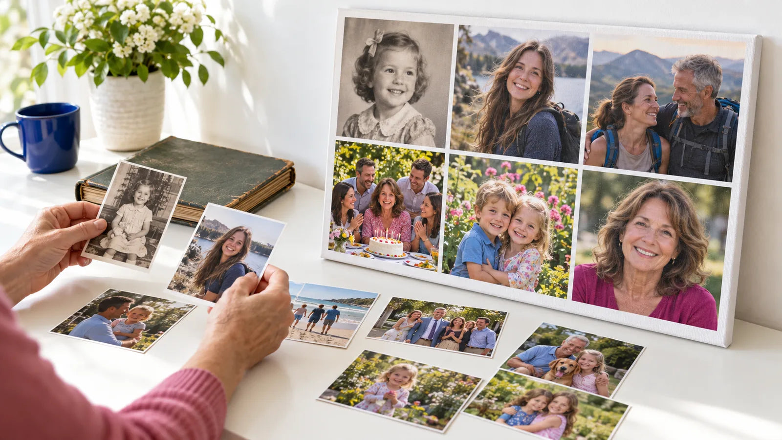 Hands sorting original family photographs beside a finished six-photo birthday collage canvas.