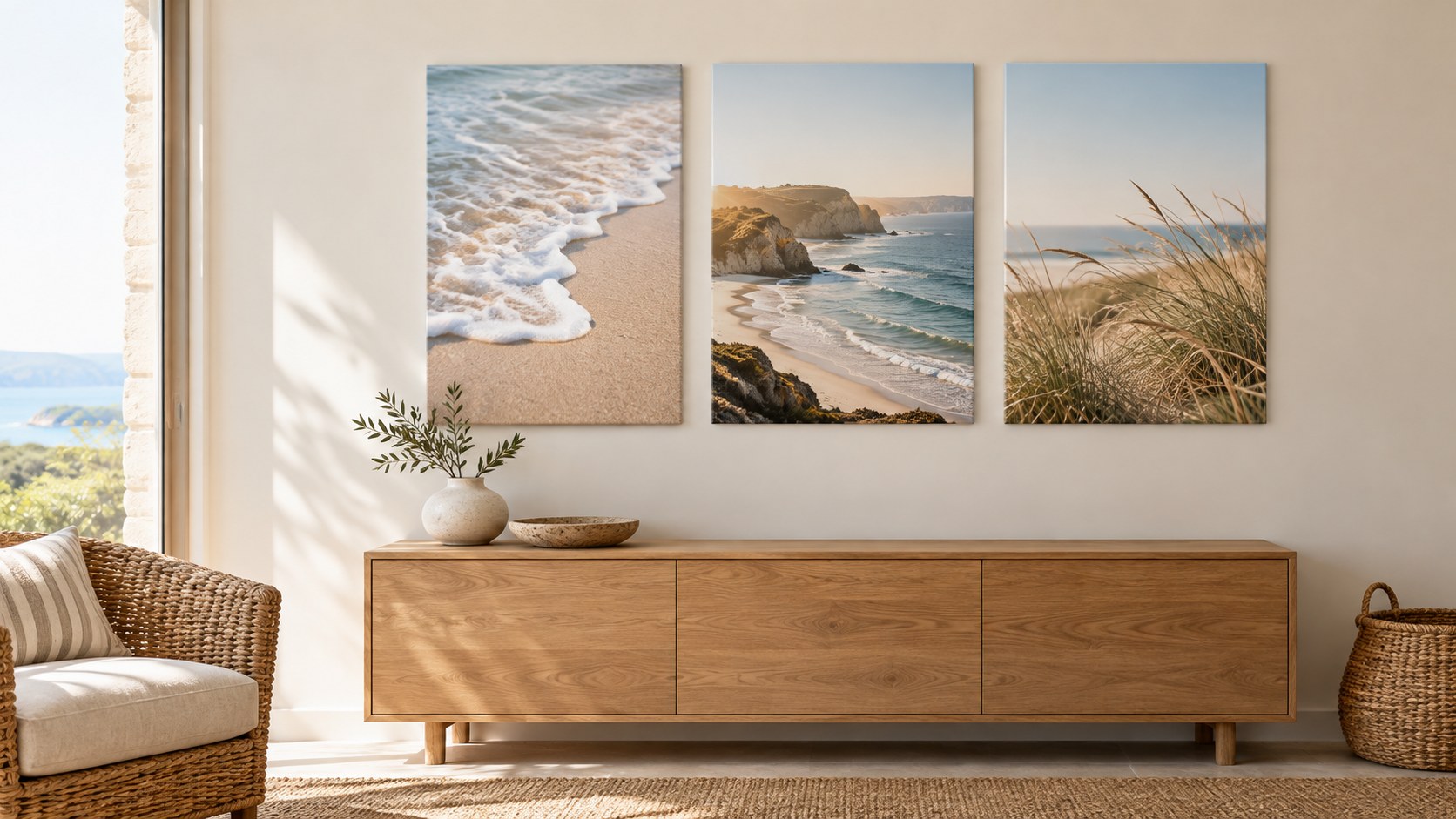 Three coordinated coastal photo canvases hung evenly above an oak console in a light living room.