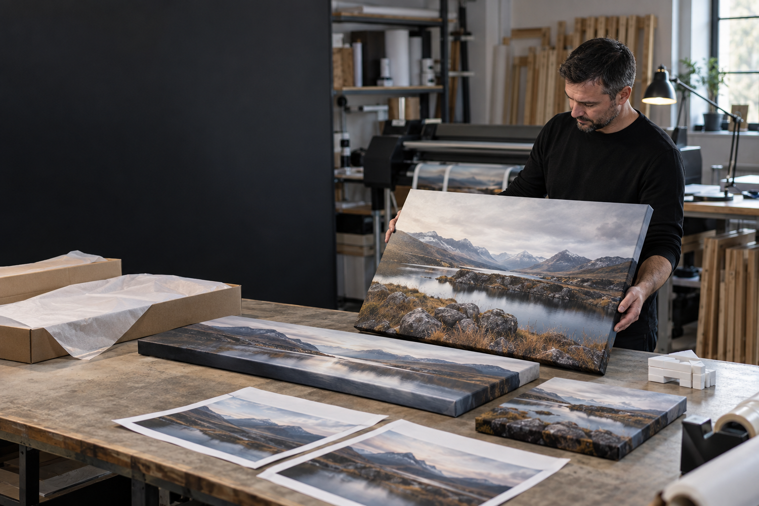 YI2C print technician inspecting a professional collection of canvas and poster prints