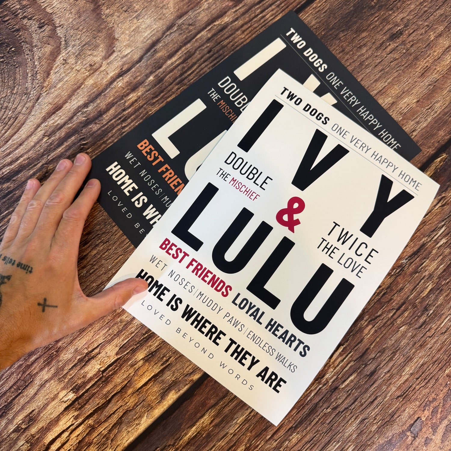 IVY and LULU personalised pet prints in light and dark colour palettes