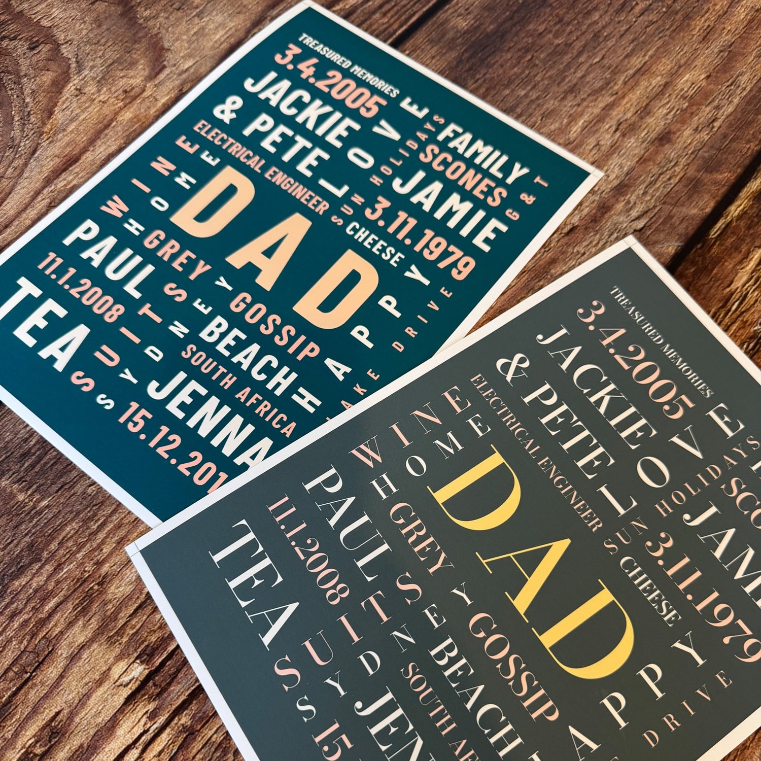 Two DAD Word Art posters with contrasting serif and bold sans-serif typography