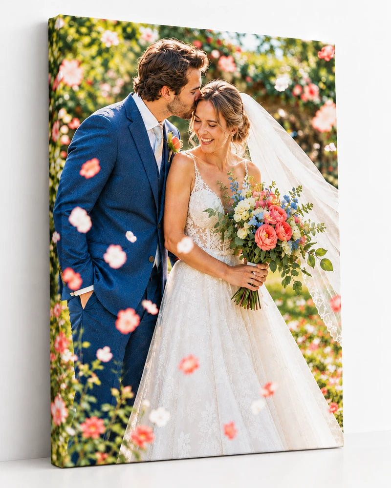 A wedding portrait printed on stretched canvas, showing the wrapped edge and canvas depth.