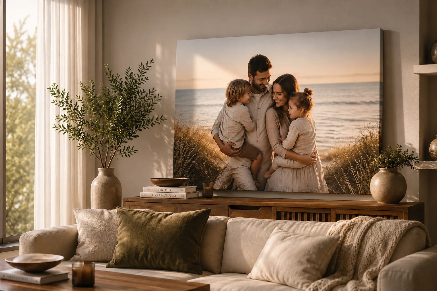 Family photo printed on a large canvas in a living room