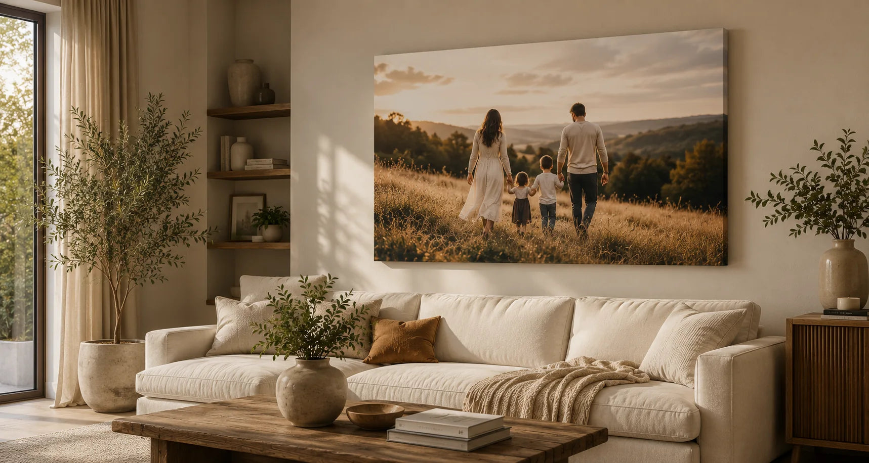 A large personalised family photo canvas displayed in a living room