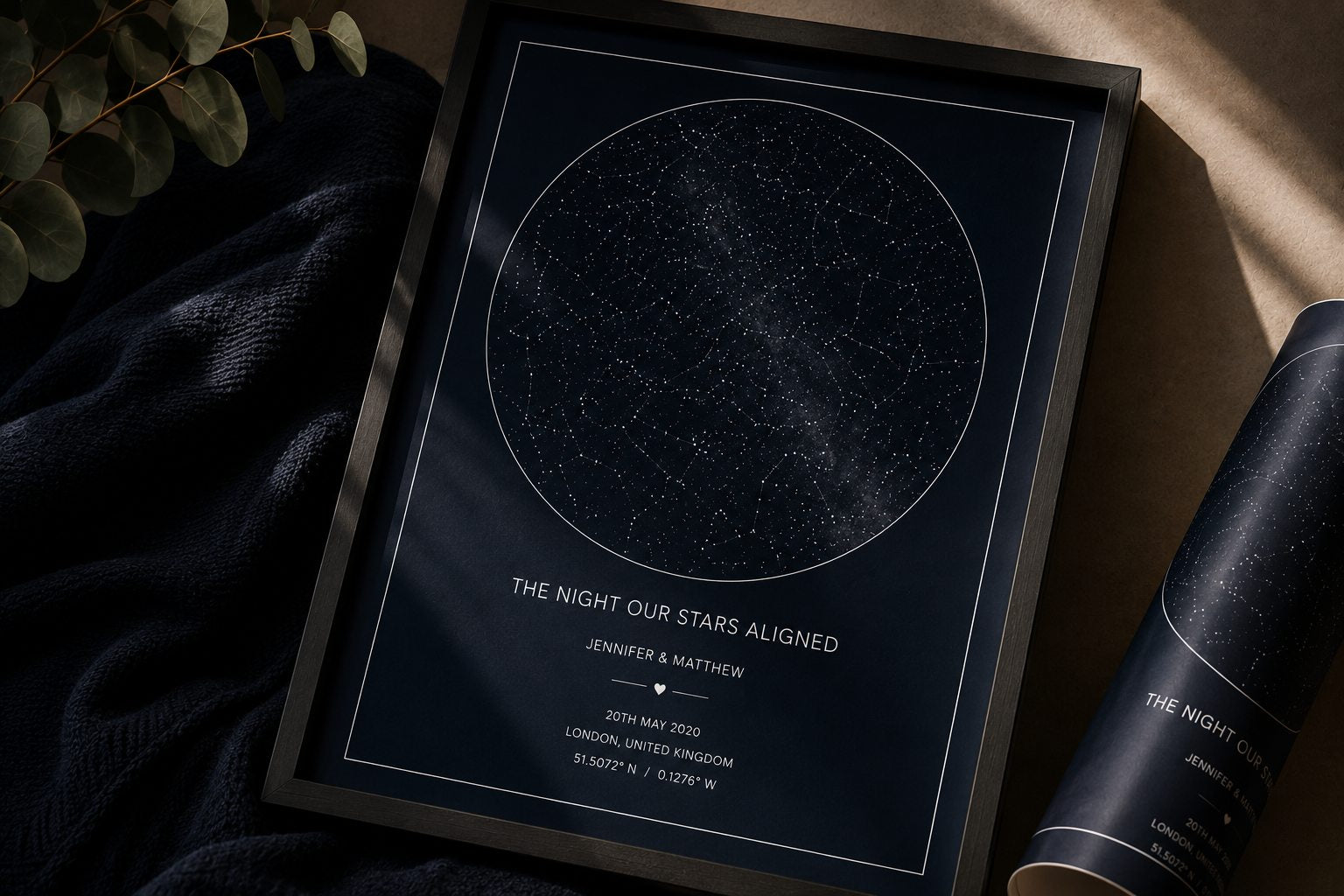 Close-up of a personalised star map with names, date and location