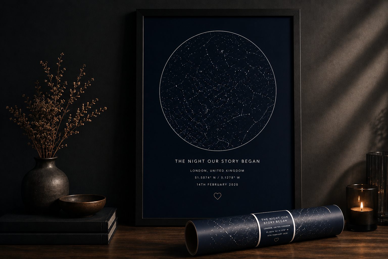 Dark navy personalised star map showing a precise night sky