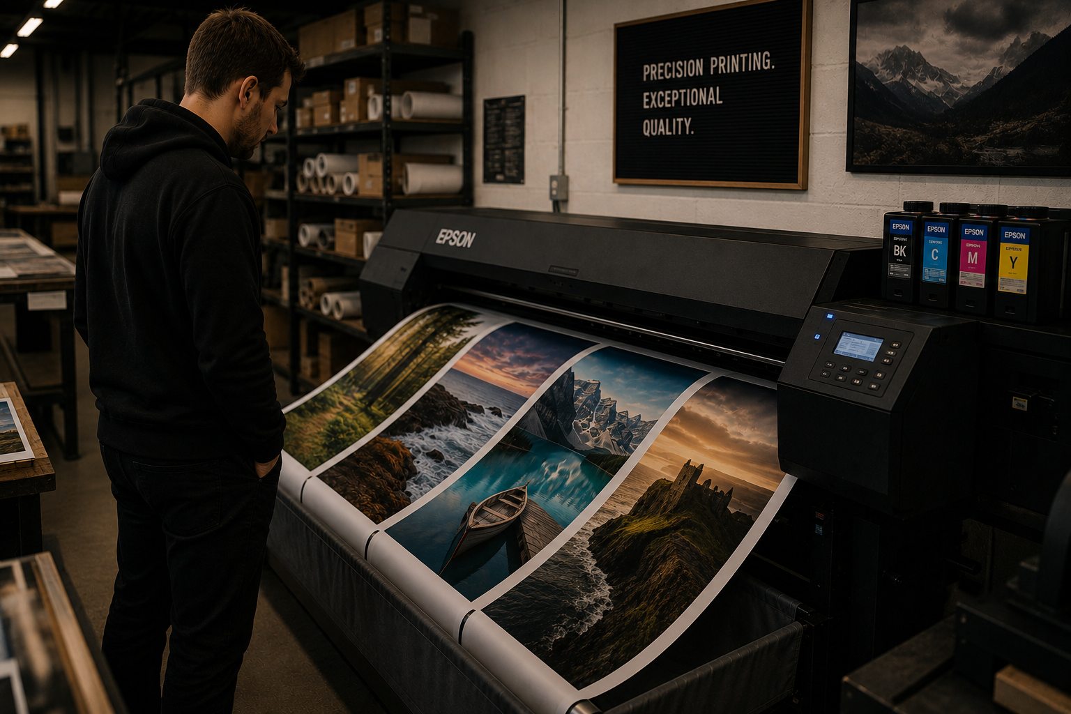 Large-format printer producing several photographic prints in the YI2C workshop
