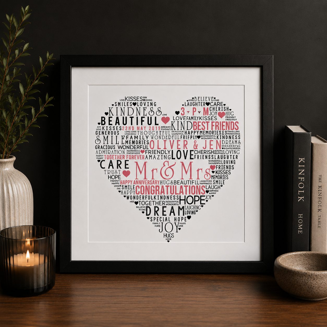 Heart-shaped personalised Word Art print with names and meaningful words