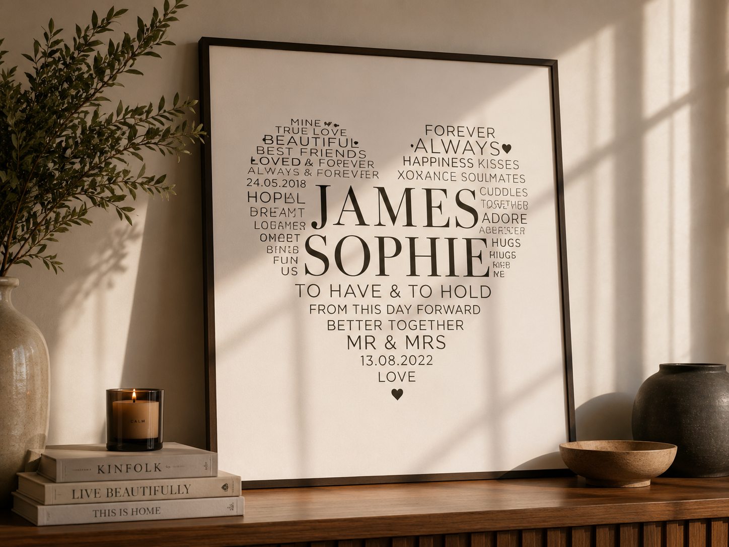 Personalised family names typography print displayed in a home