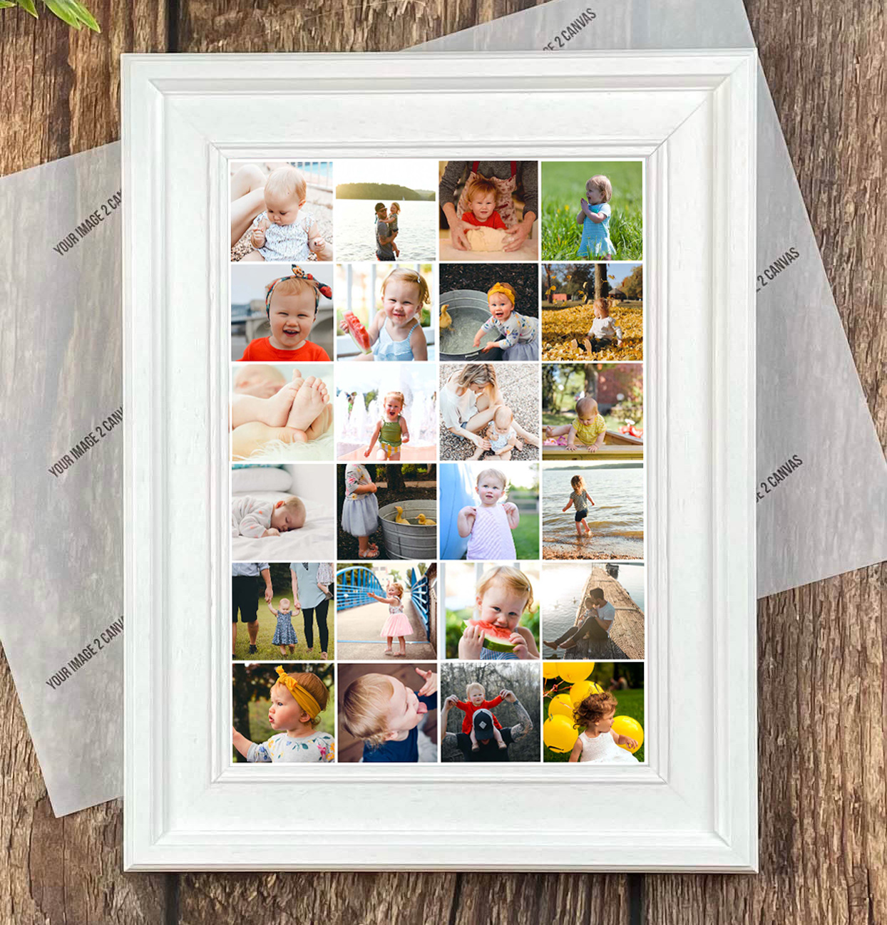 Personalised collage print with 24 images displayed in a beautiful hand finished white frame
