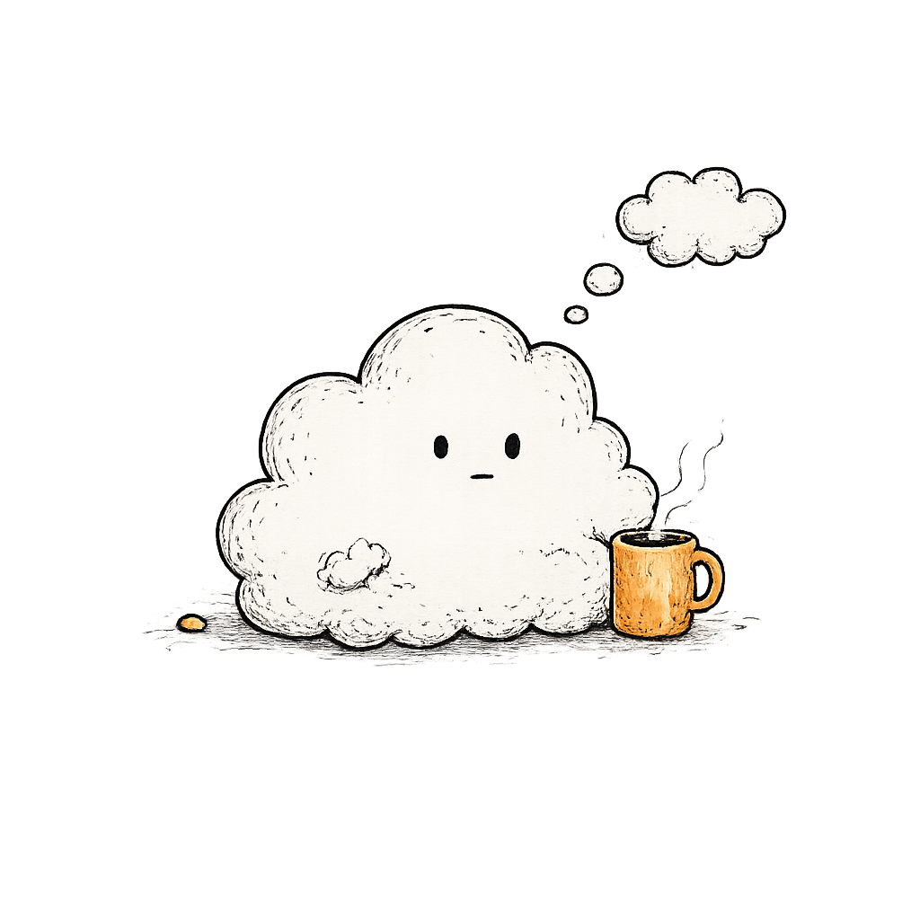 Cloud sitting beside an orange mug while thinking