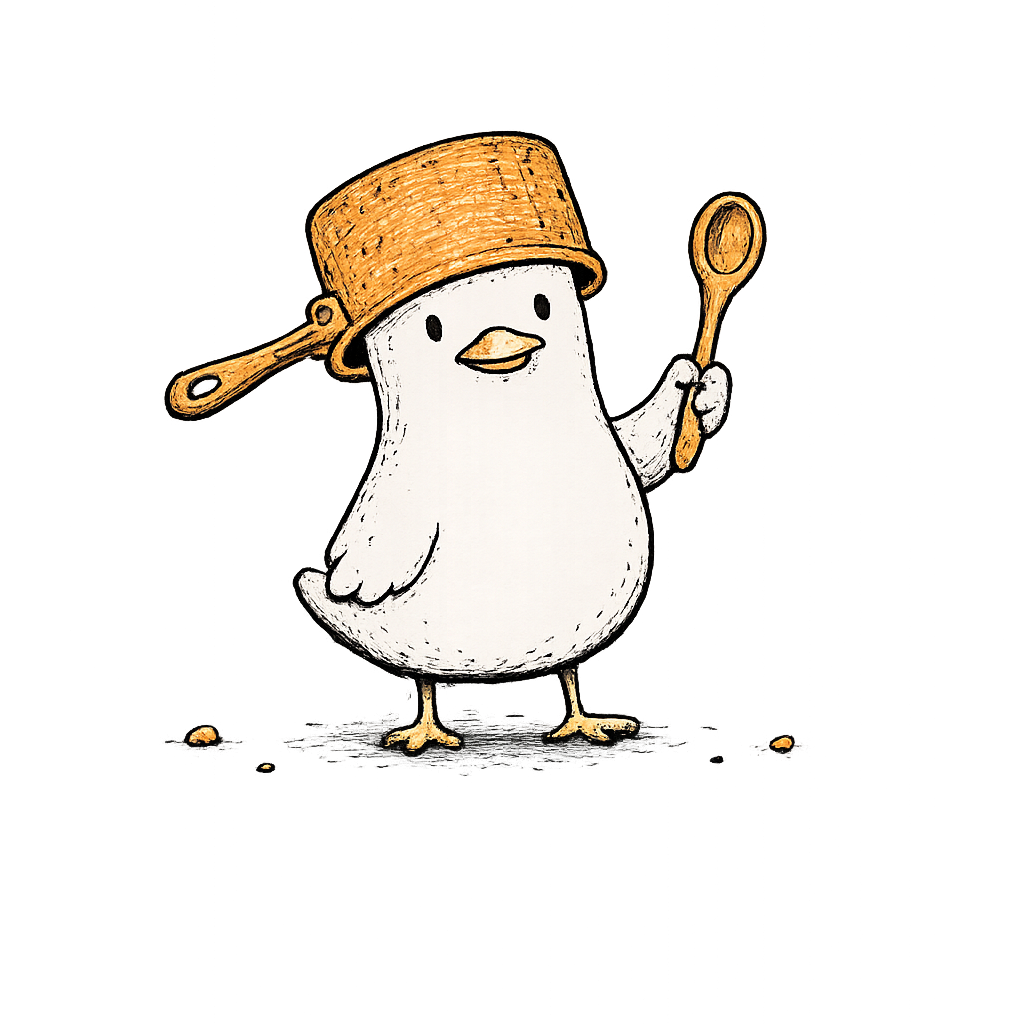 Duck wearing a saucepan and holding a wooden spoon