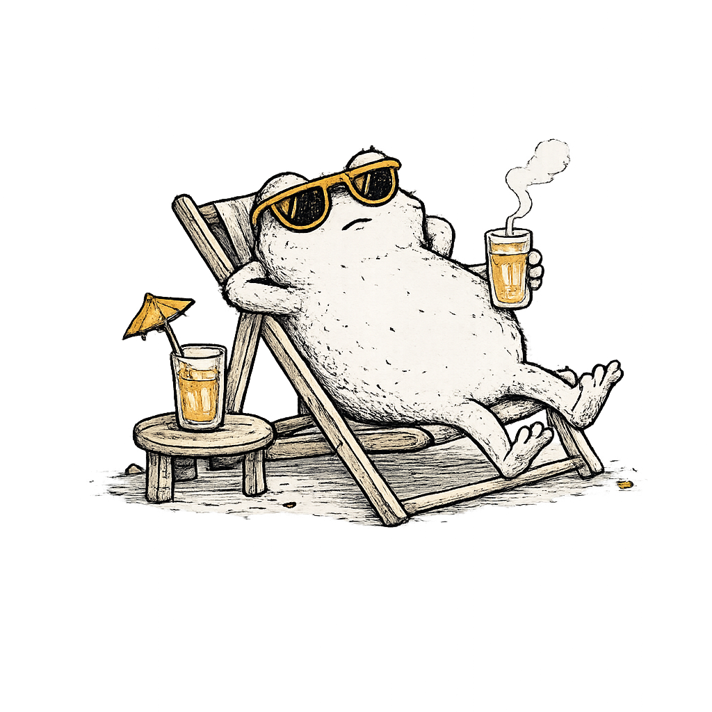 Frog relaxing in a deckchair with sunglasses and a drink