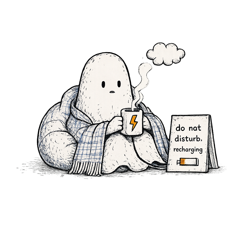 Ghost wrapped in a blanket beside a recharging sign