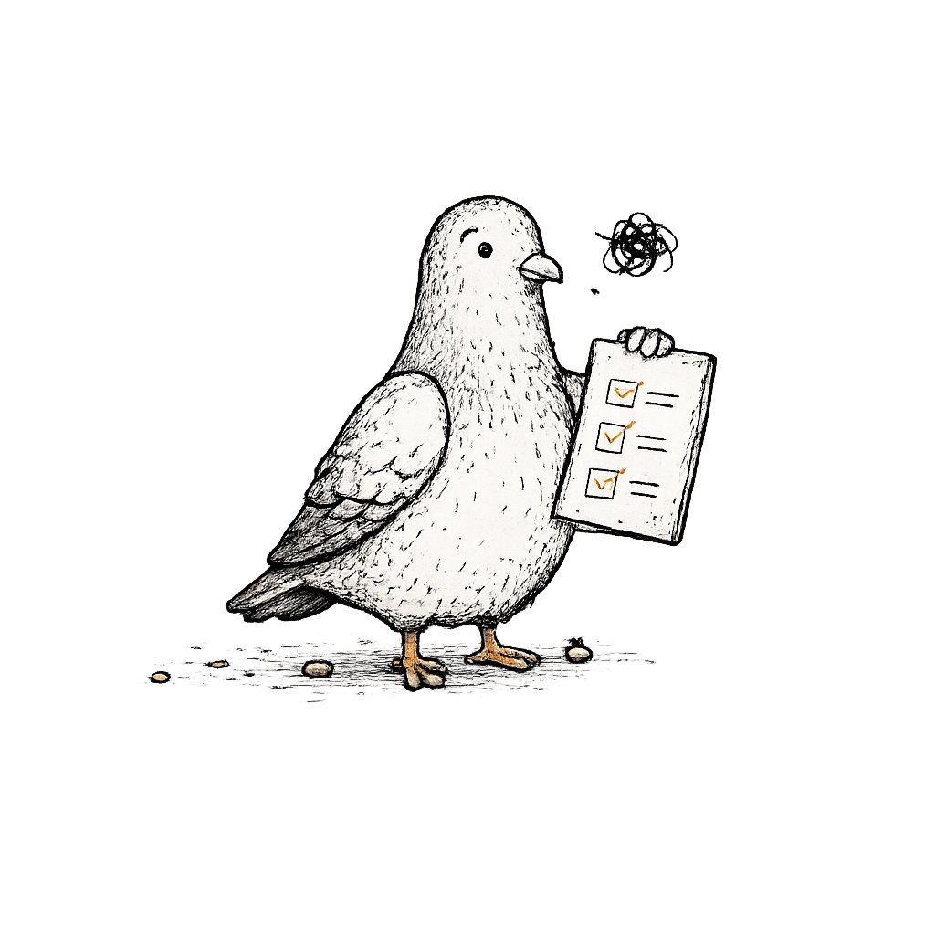 Pigeon holding a completed checklist
