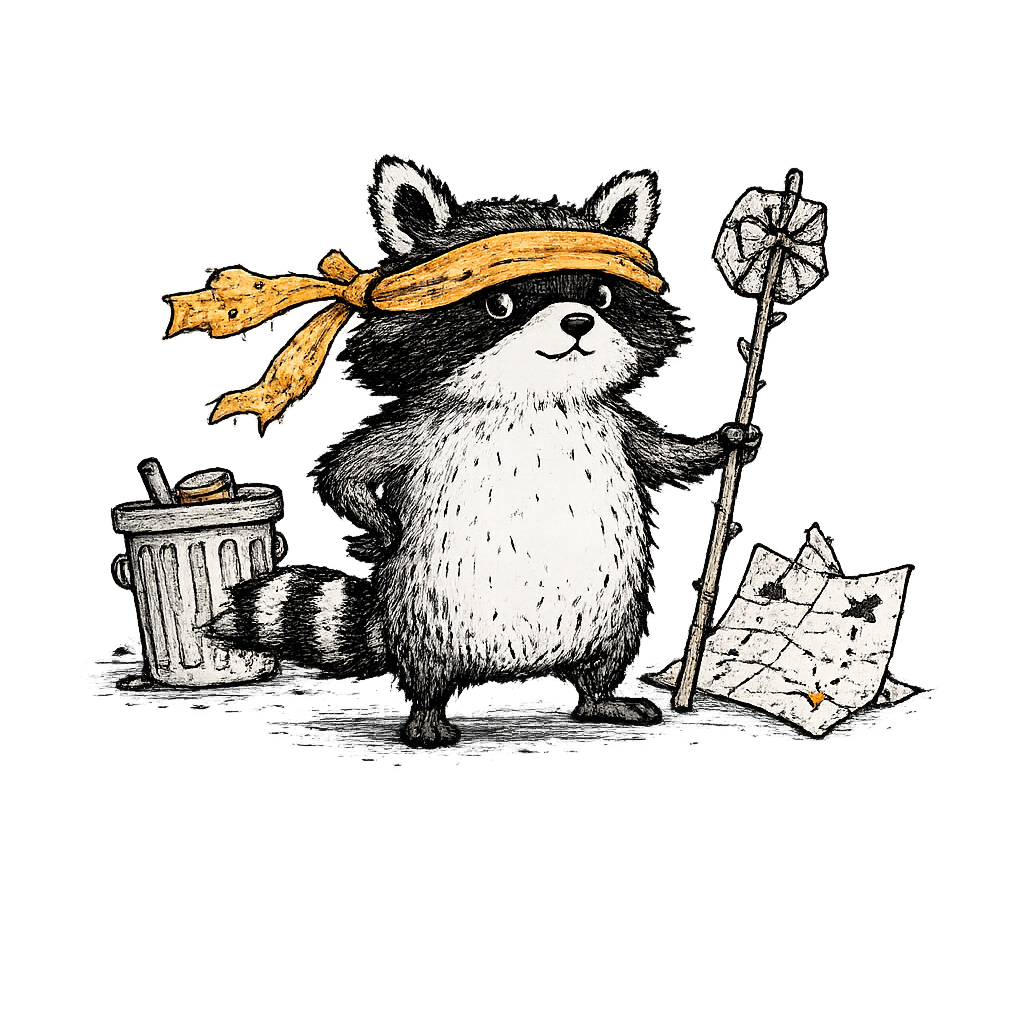 Raccoon wearing an orange headband beside a bin and map
