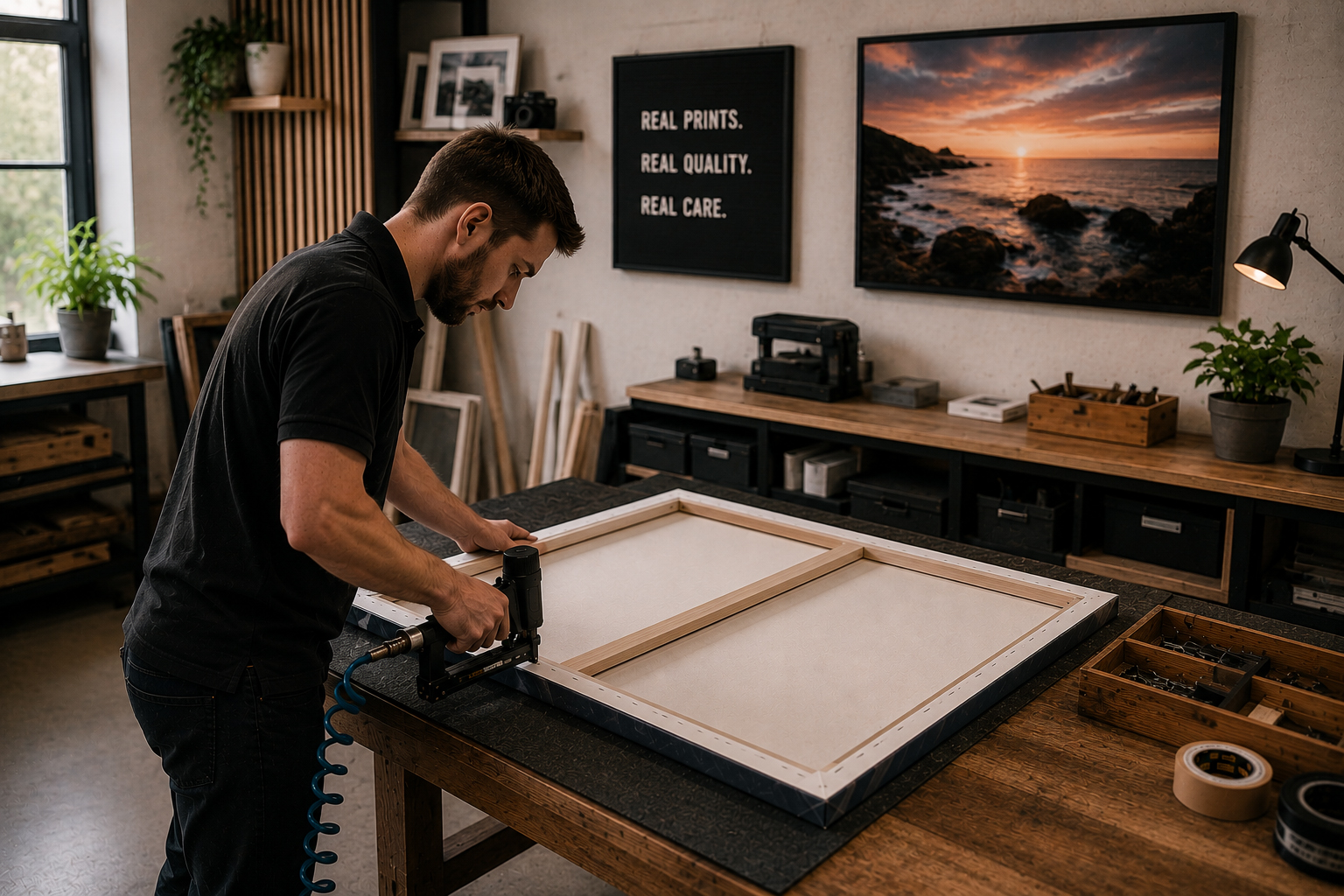 Hand finishing and stretching canvas prints