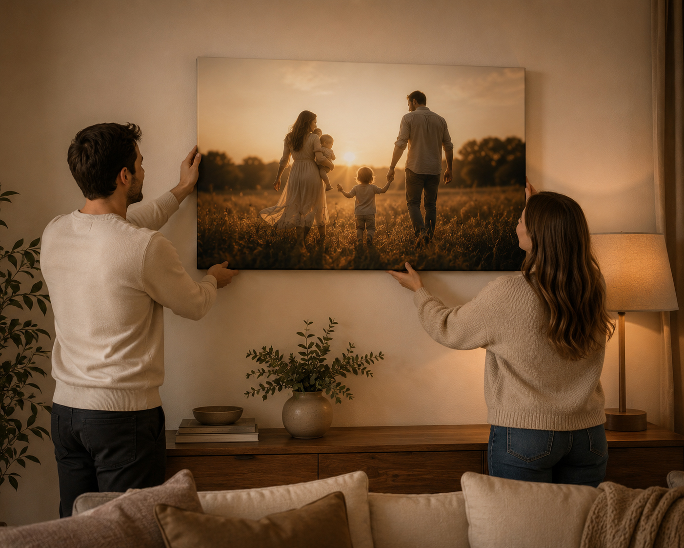 Hanging a family canvas print at home