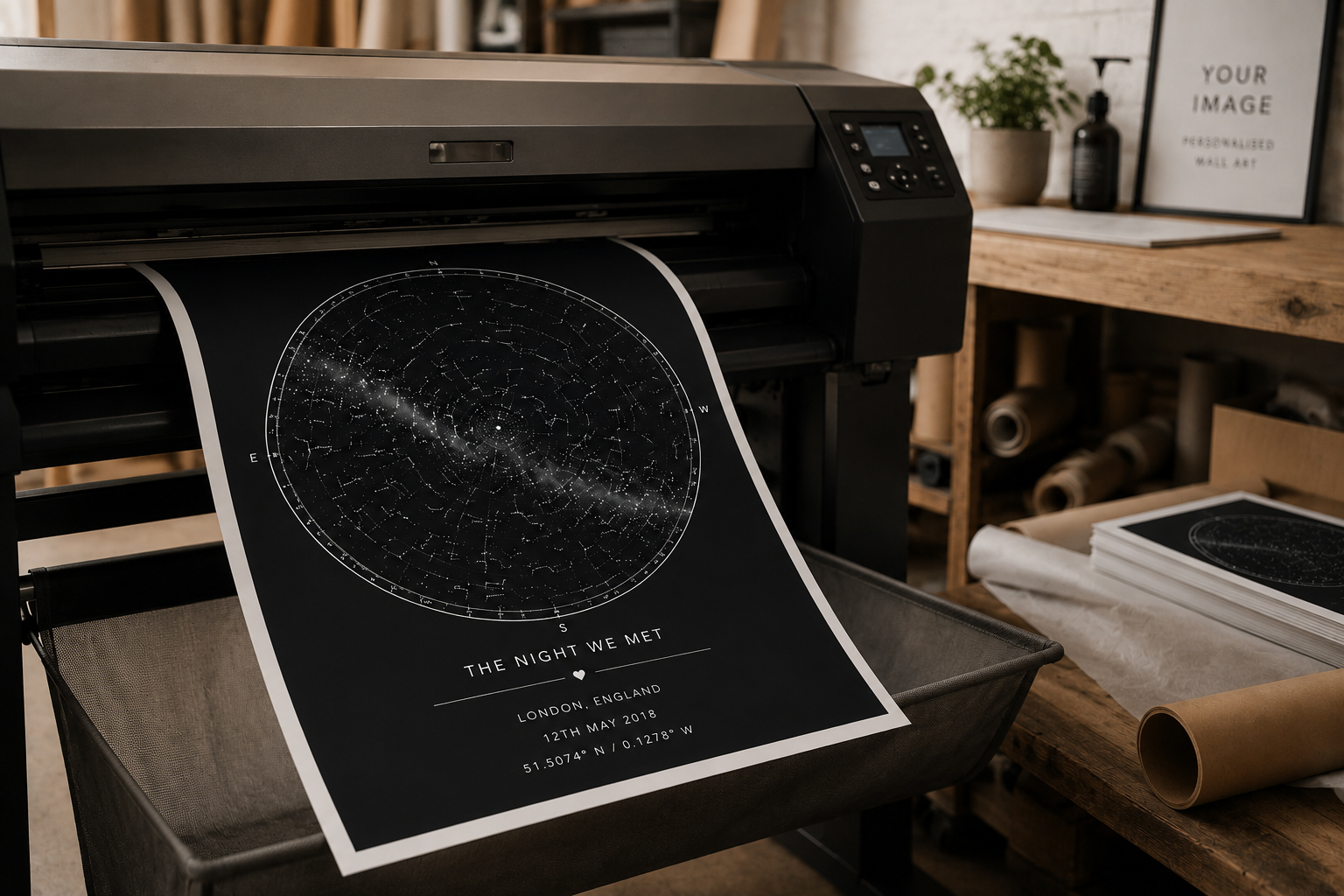 Star map print coming off a printer in the workshop