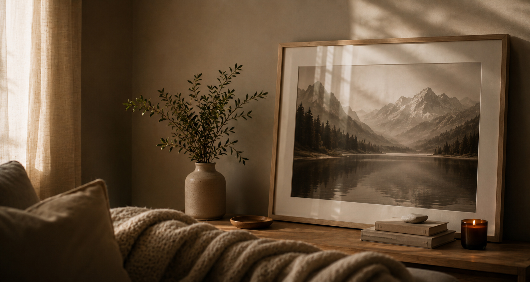 Premium framed print in warm home interior