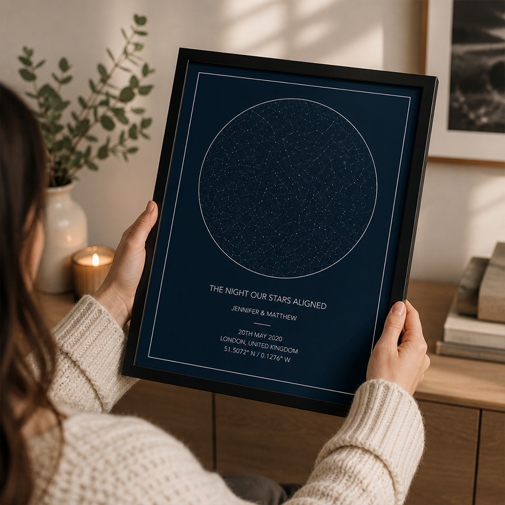 Personalised star map displayed in a home