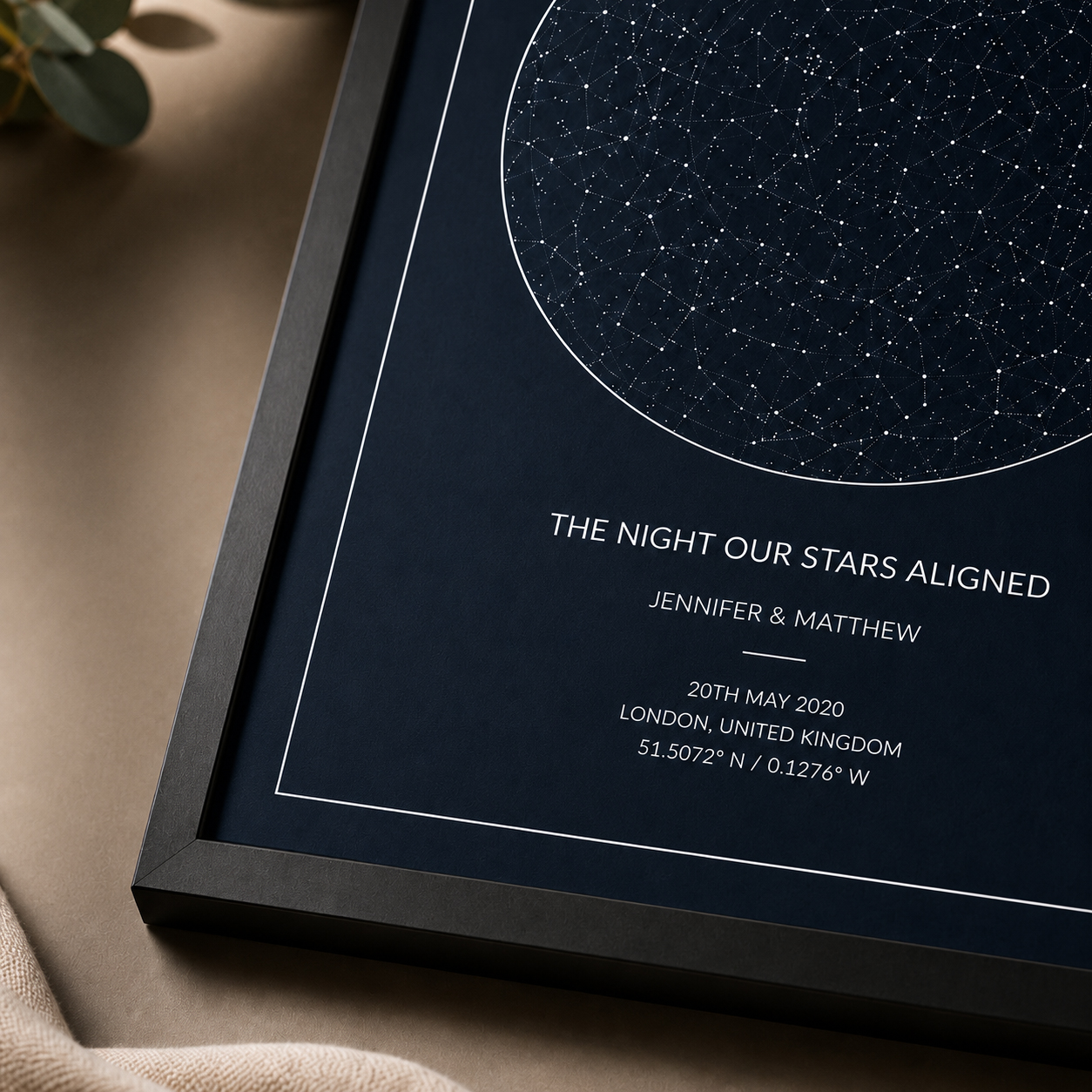 Close up detail of personalised star map