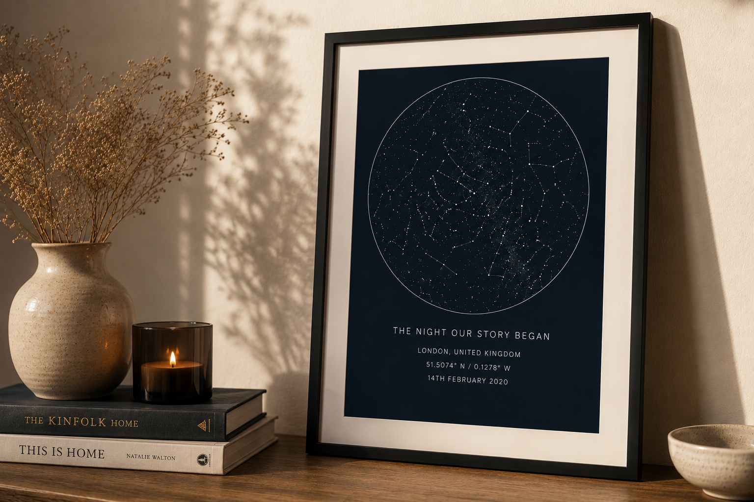 Personalised framed star map print lifestyle image