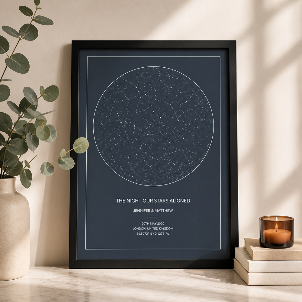 Large framed personalised star map print
