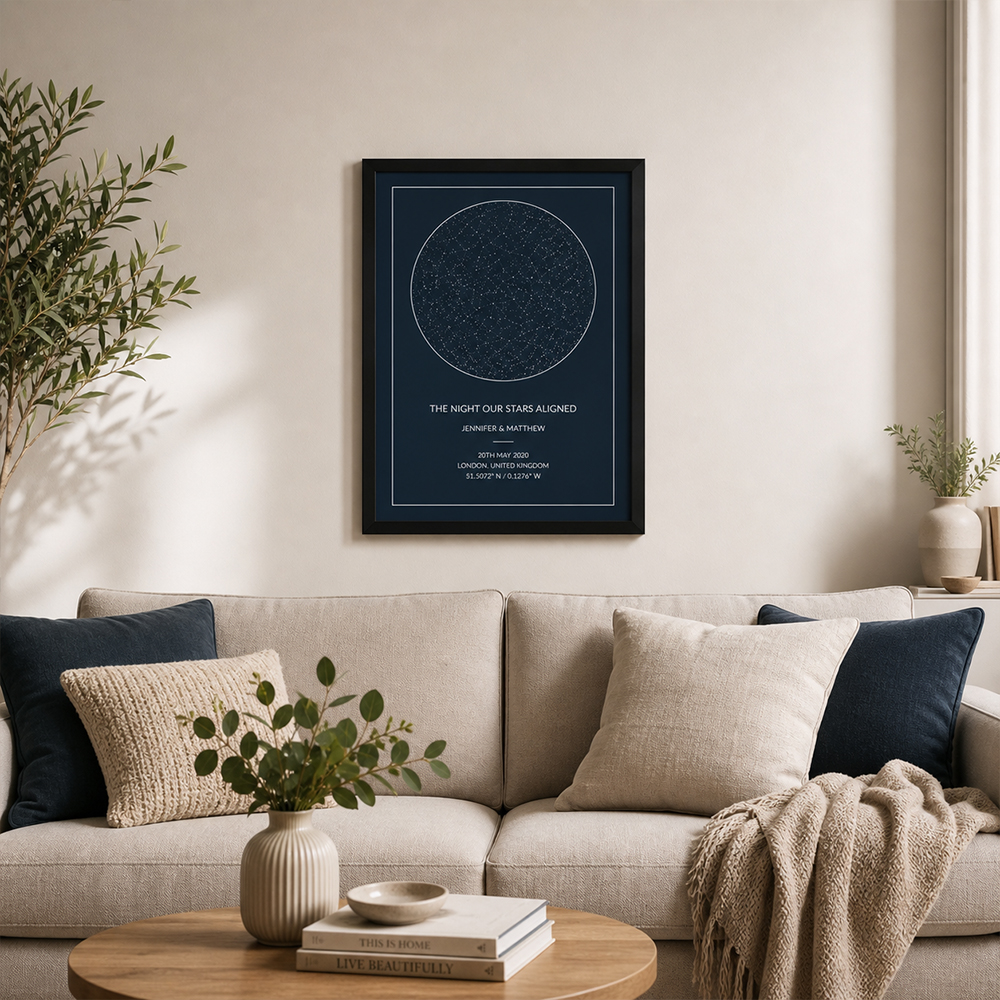 Star map print displayed above sofa