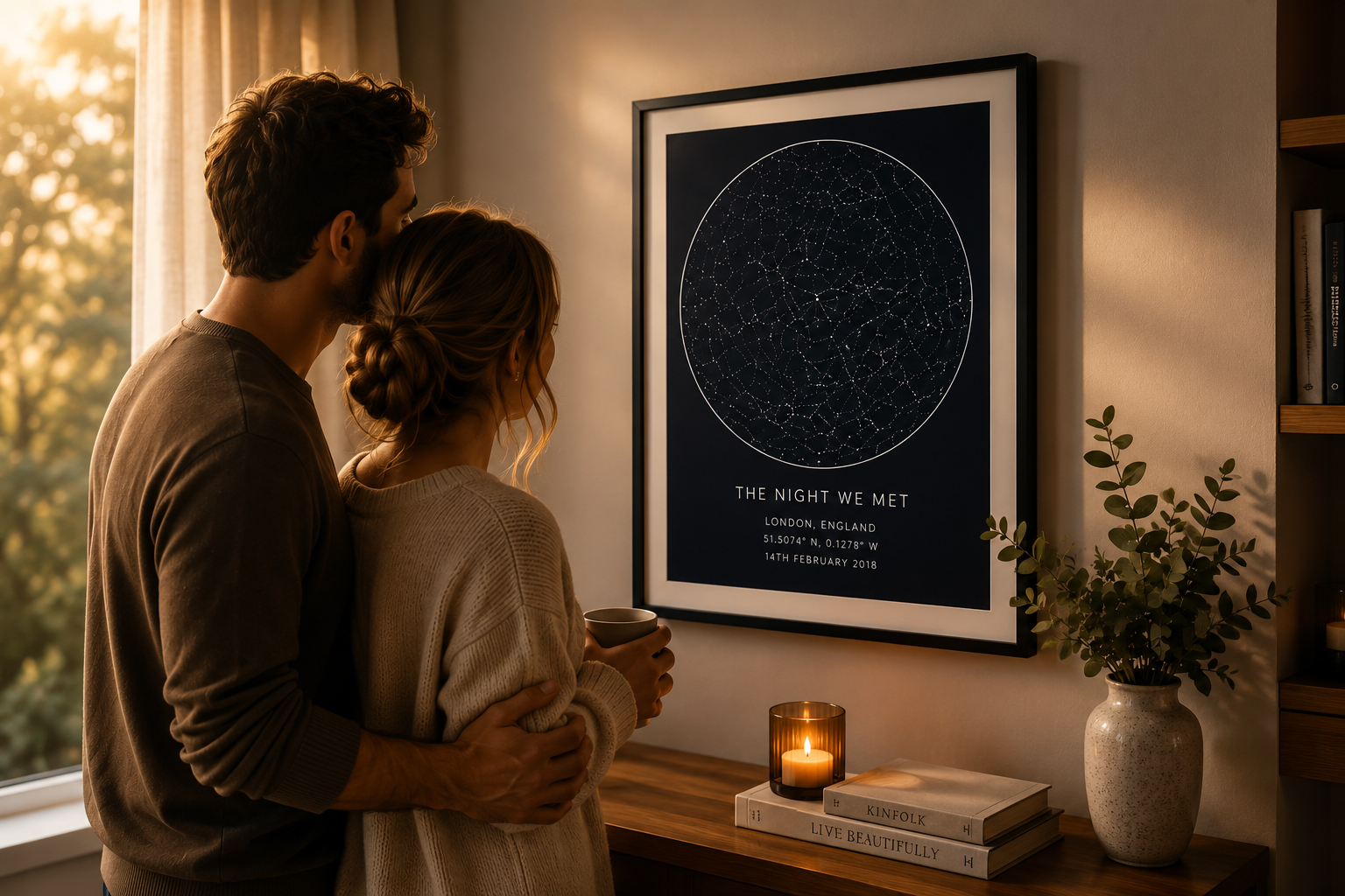 Couple looking at personalised star map print at home
