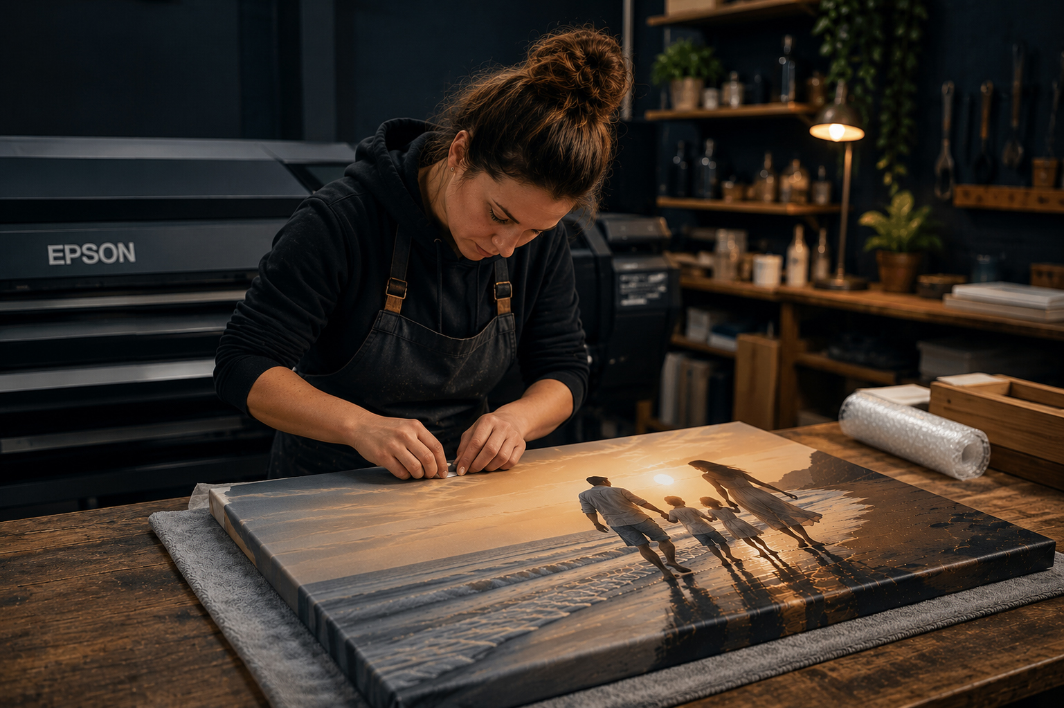 Canvas being hand finished in the workshop