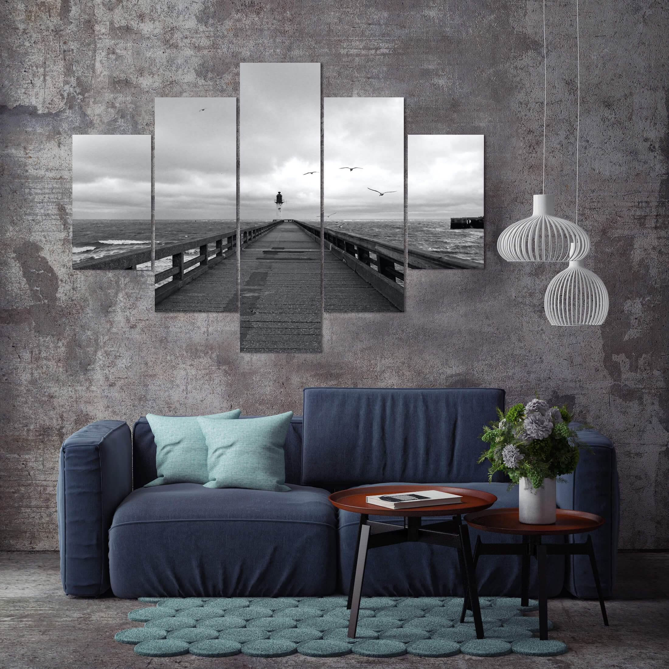 5 split canvas hanging on wall behind sofa