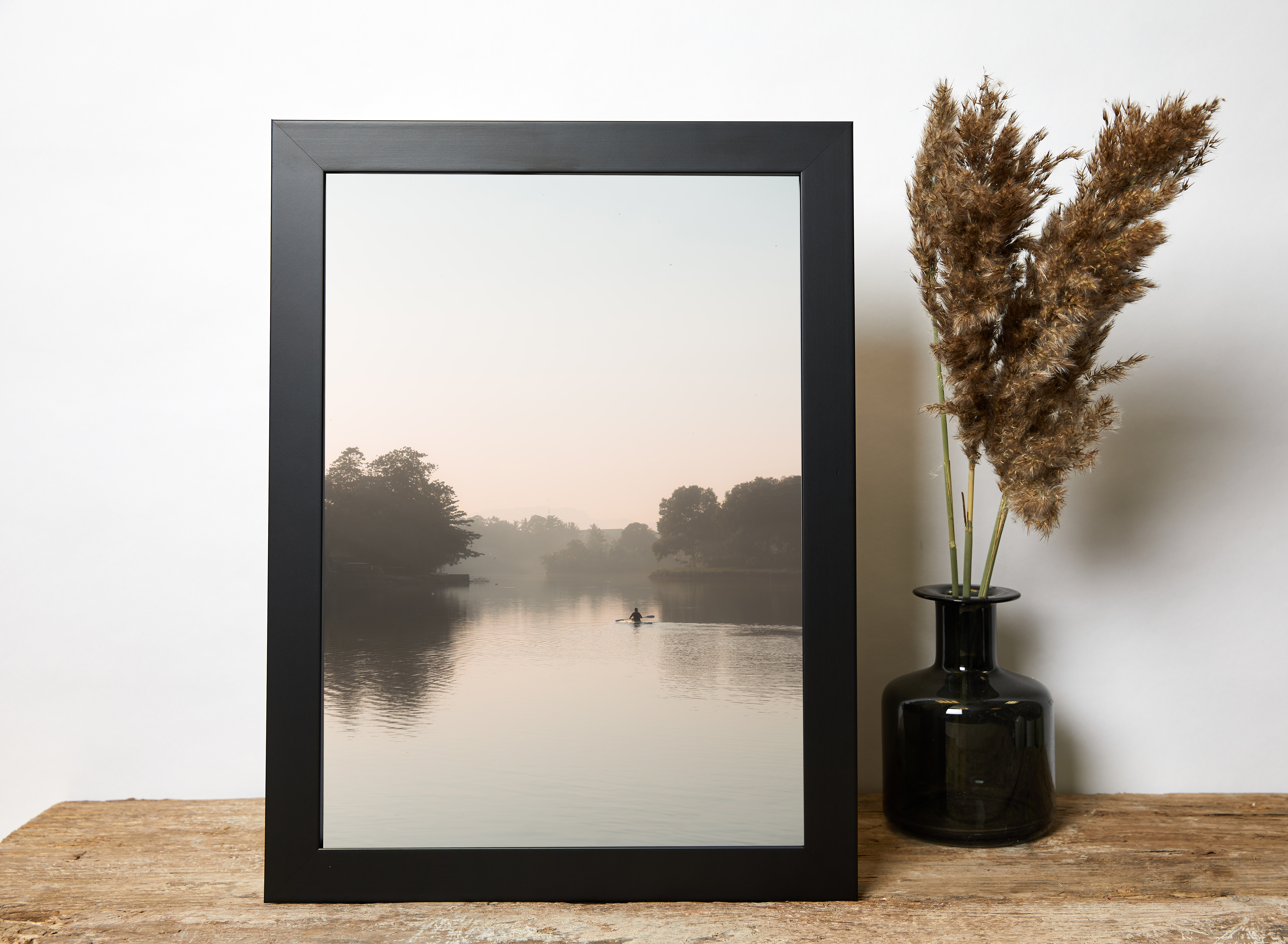 Calming misty lake photography dispalyed in a beautifulquality black picture frame made in yorkshire