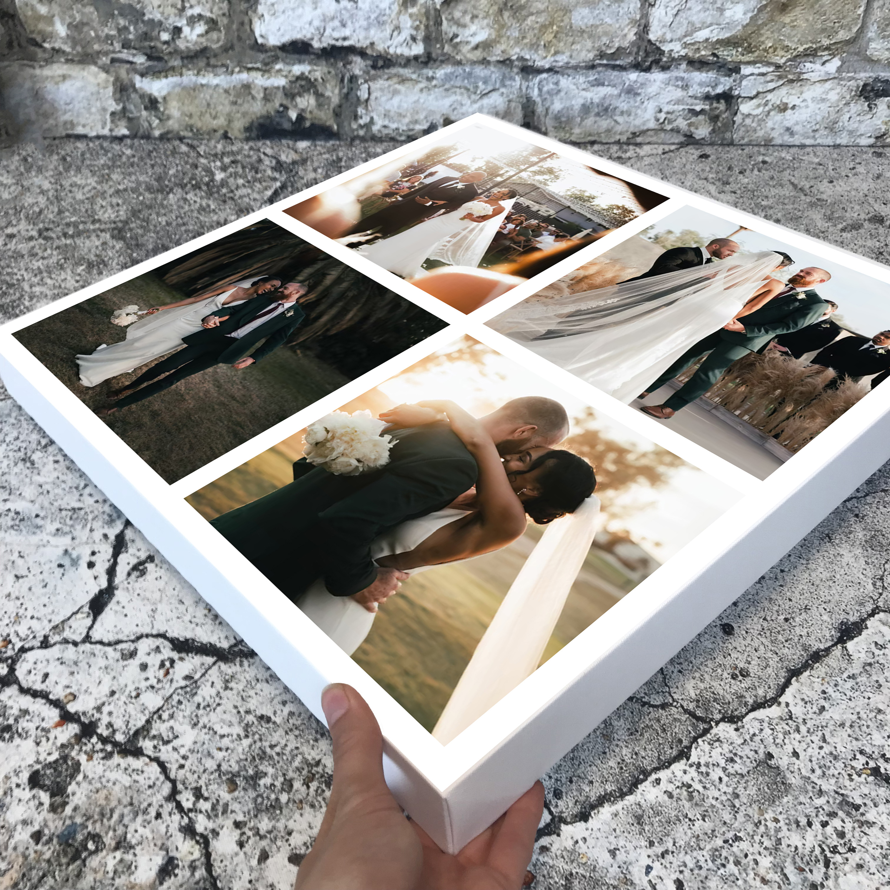 Quality square canvas collage print dsplaying four wedding photos as a beautiful keepsake that would make the perfect personalised gift