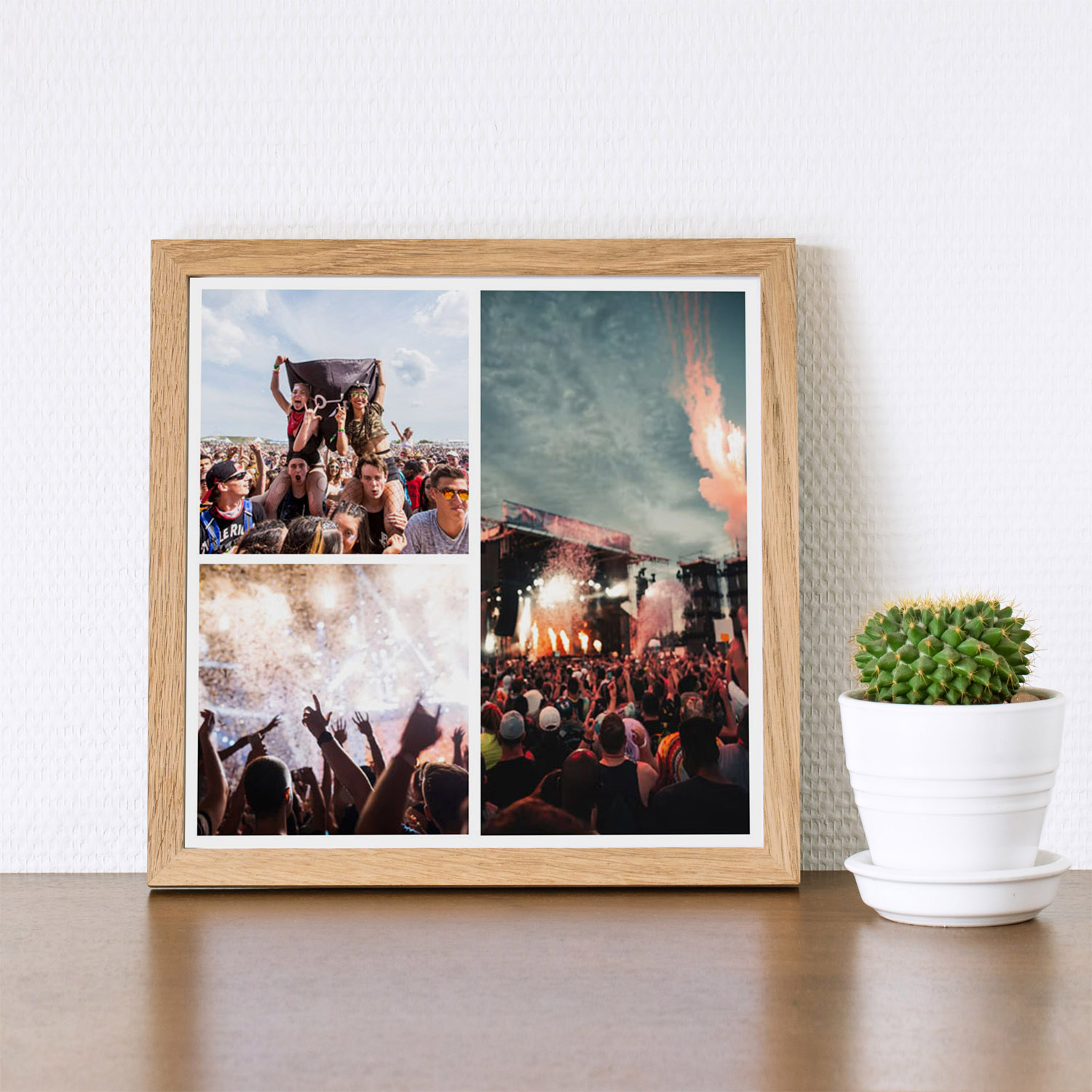 Unique three photo collage print of music festival photos displayed in a quality custom light wood picture frame finished with acrylic glass