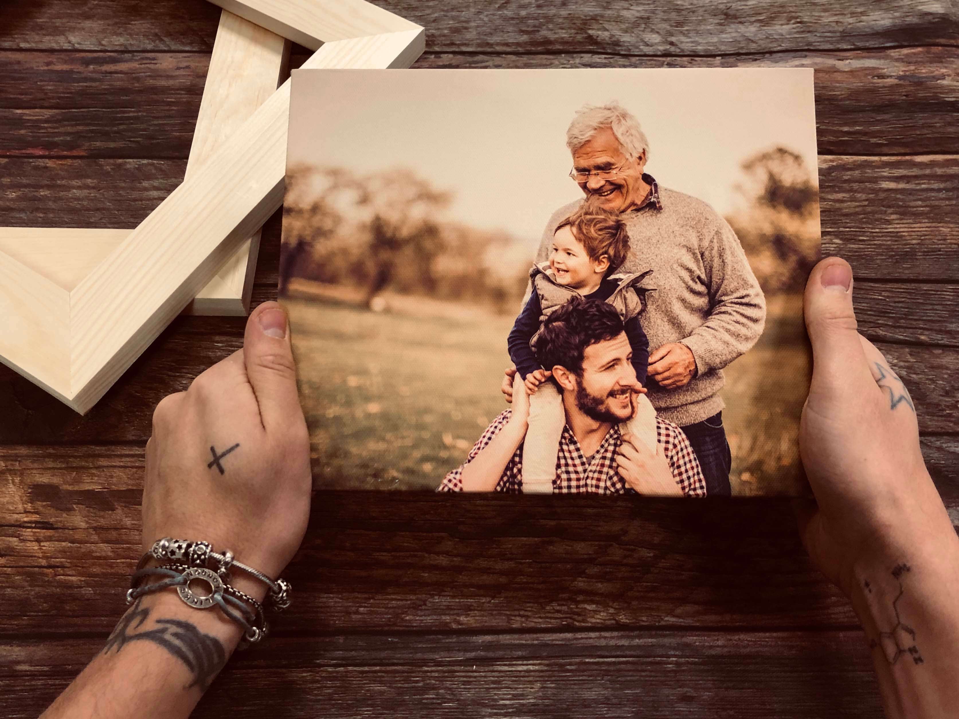 Three generations photograph and wall art ideas, grandad, father and son printed onto best canvas prints UK with next day delivery.