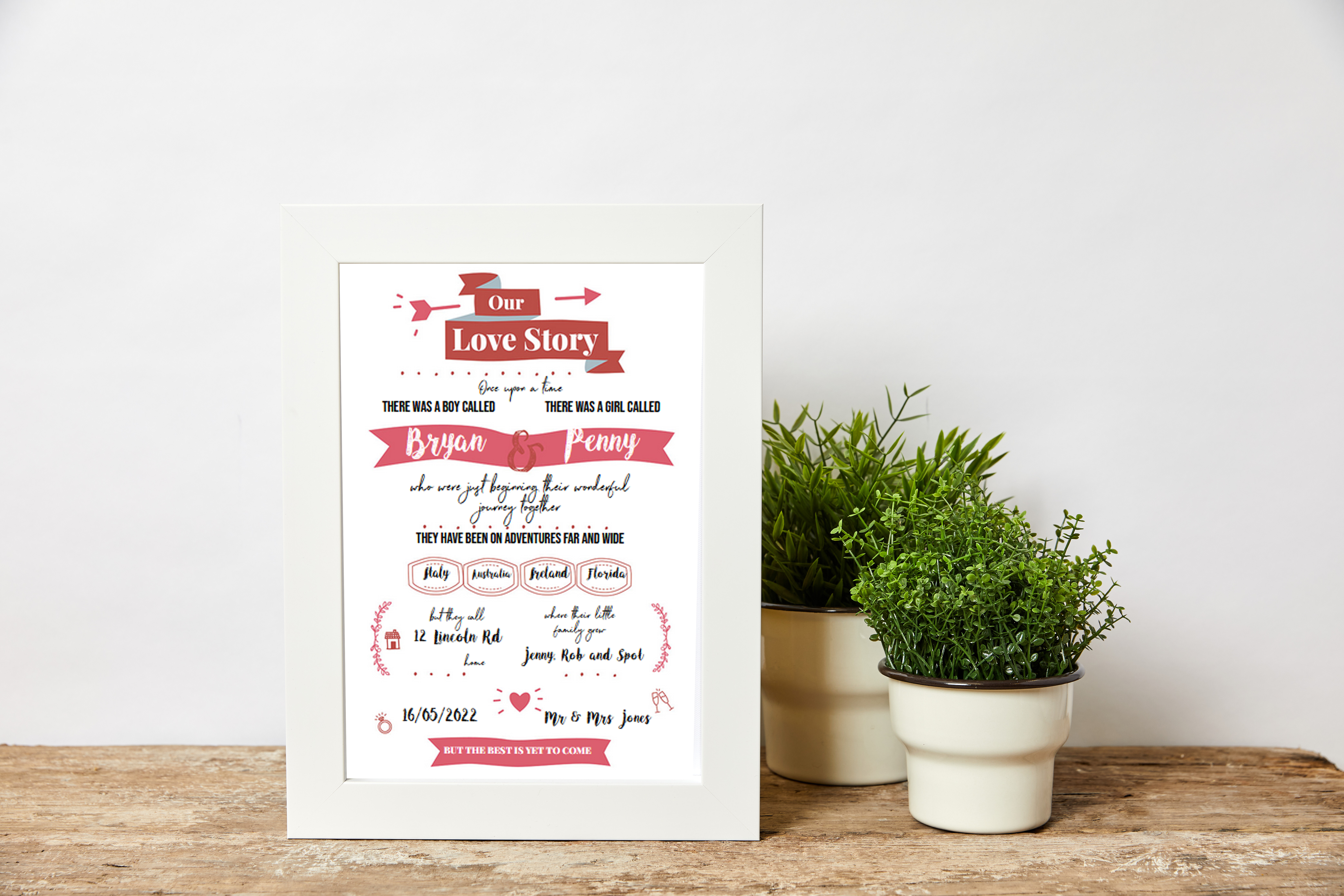Create your own personalised love story and print onto canvas, poster or frame your story and choose from a range of colour themes to create the perfect anniversary, wedding, birthday or valentines gift for your partner